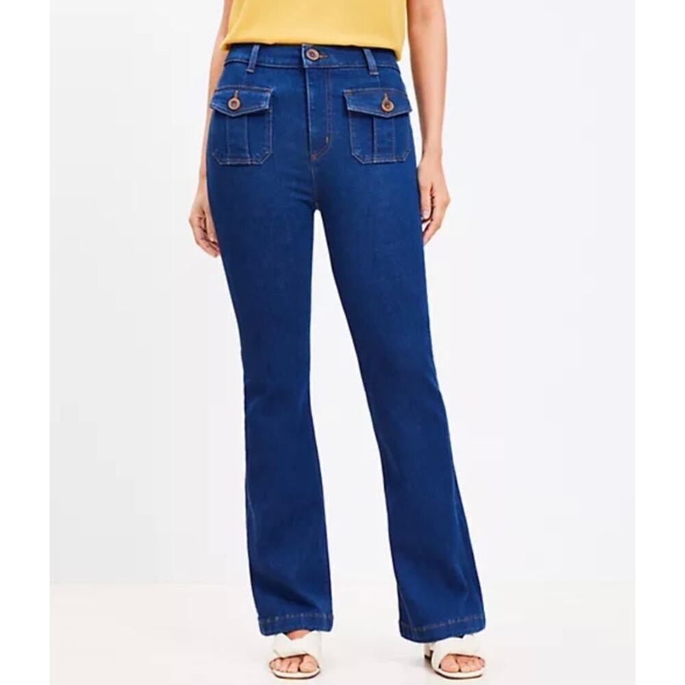 Loft The Slim Flare Patch Flap Pocket Jeans 12x31 NWOT Dark Wash Boho Hippie